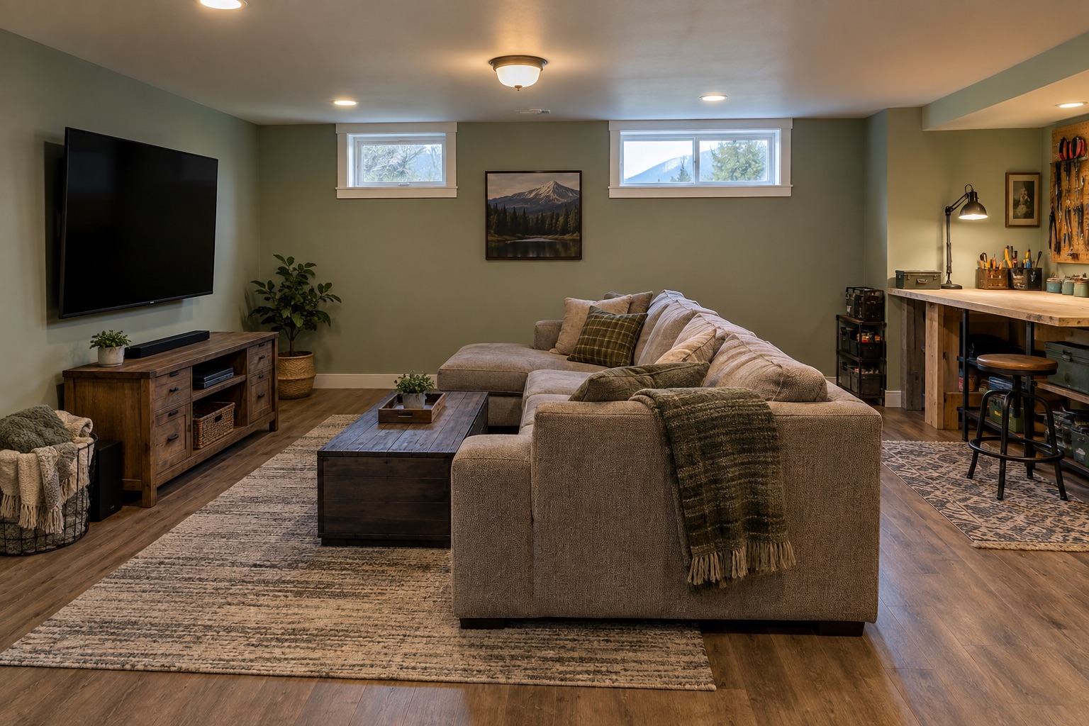 Finished basement with a sofa, television, and hobby workspace