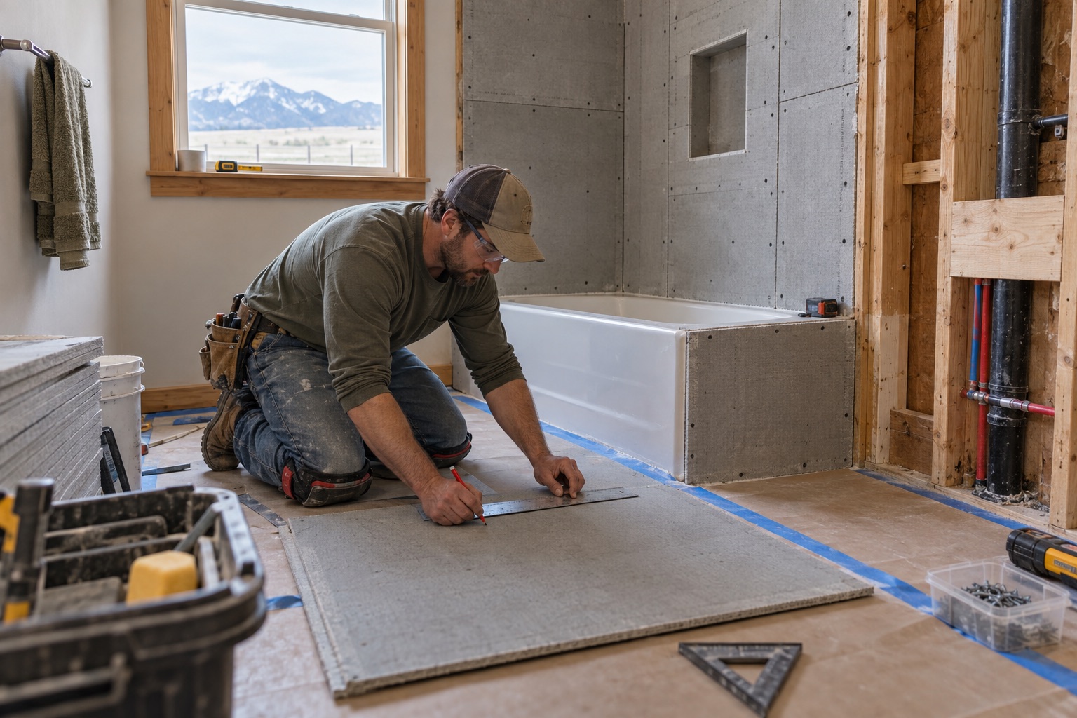 Bathroom renovation with exposed framing, backerboard, and a tradesperson