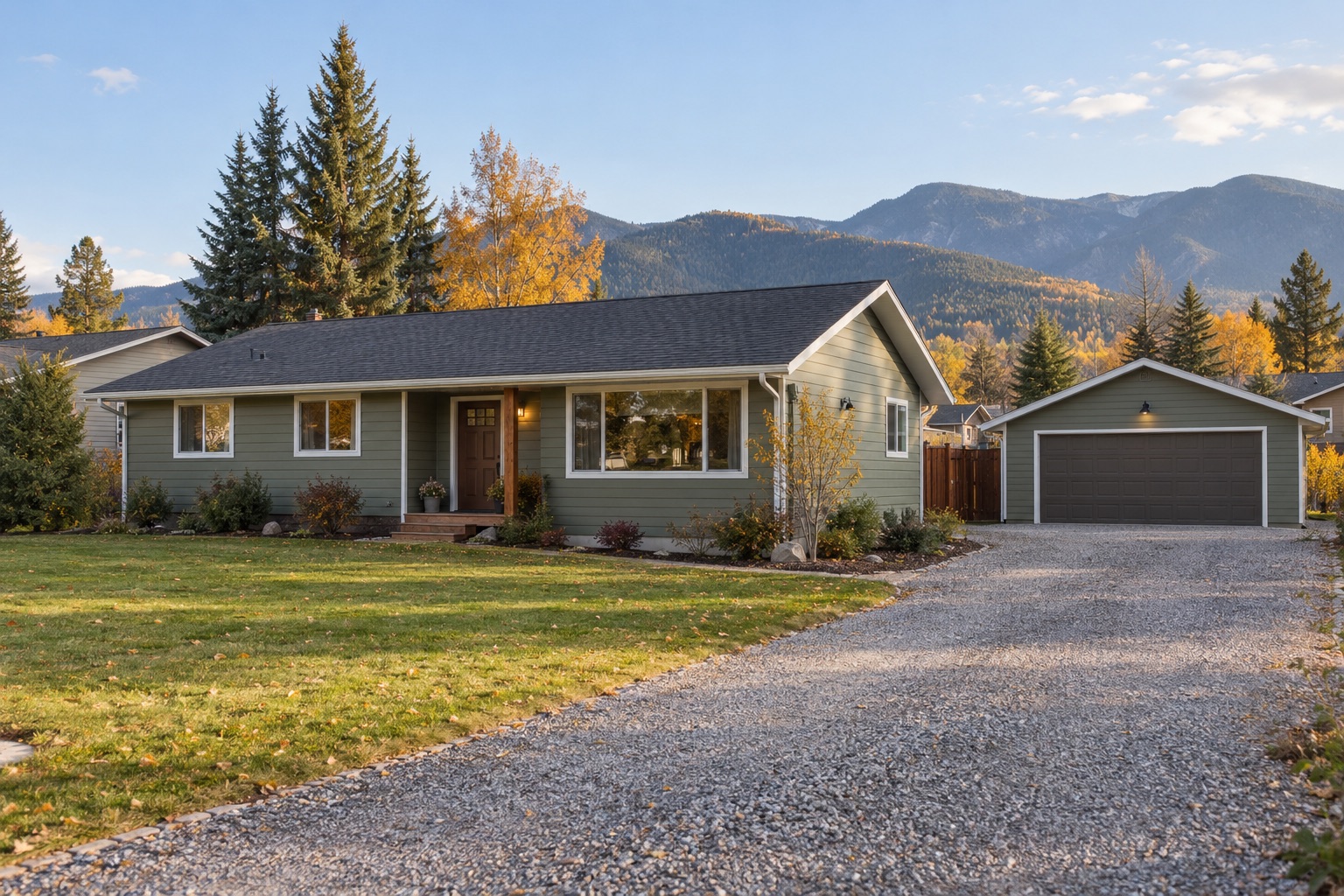 Single-story home with new siding and a practical detached garage