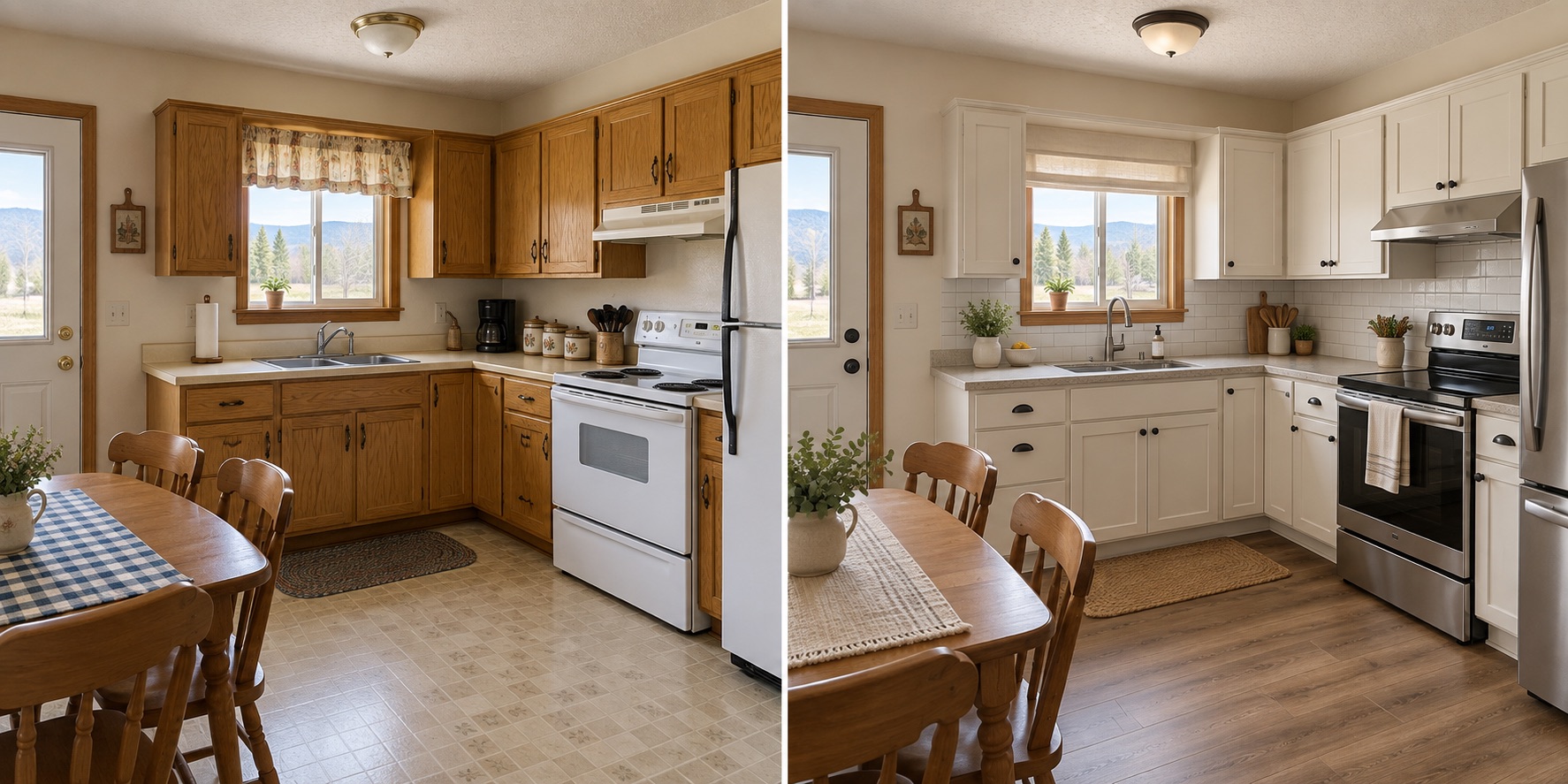 Kitchen comparison: dated oak cabinetry and vinyl flooring on the left, refreshed cabinets and finishes on the right