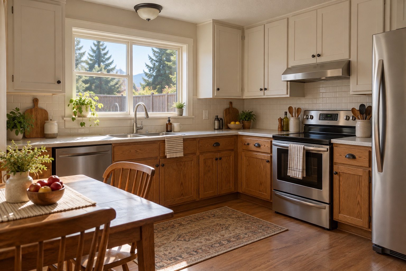Modest remodeled kitchen with oak cabinets and an everyday dining space