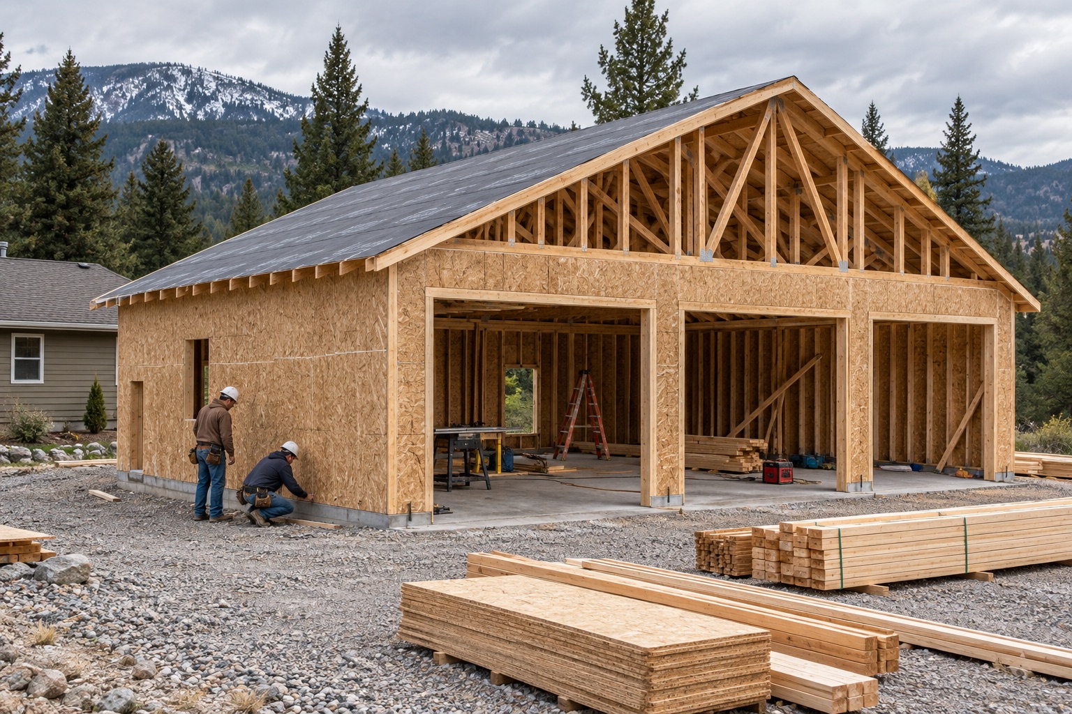 Large three-bay garage and shop under construction, with exposed framing and workers at ground level