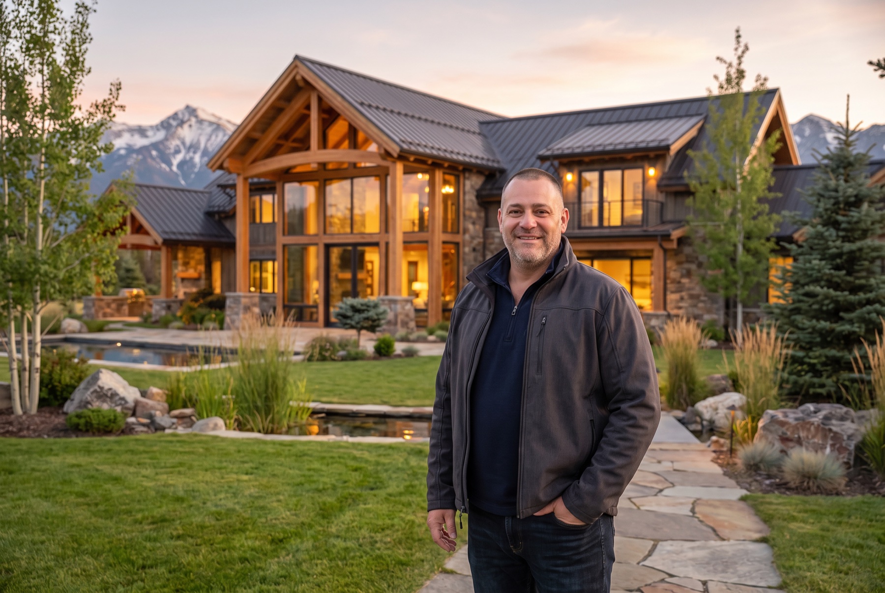A completed Provenance-built luxury home in the Flathead Valley at dusk