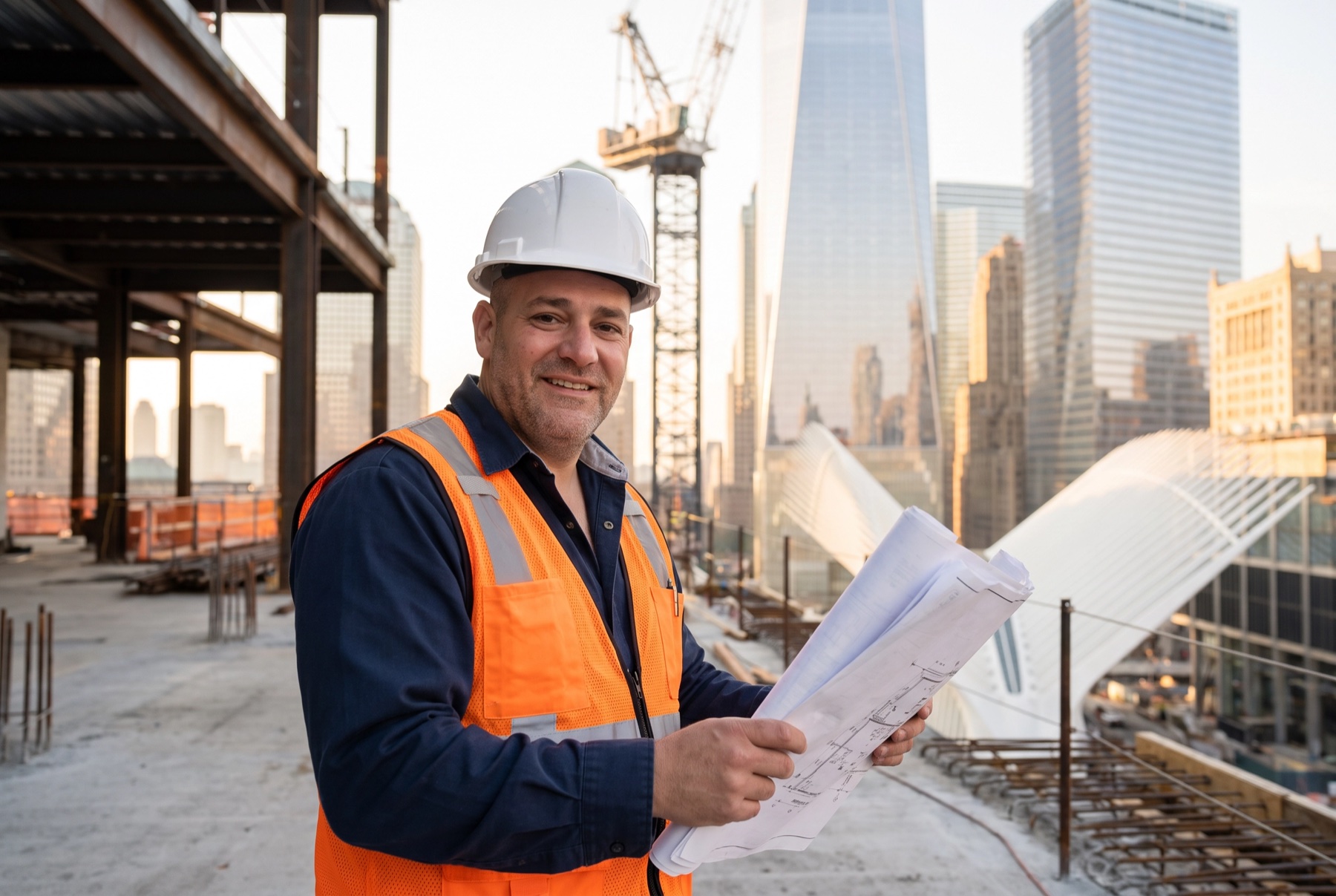 James Stirling on a high-rise construction site in Lower Manhattan, near the World Trade Center