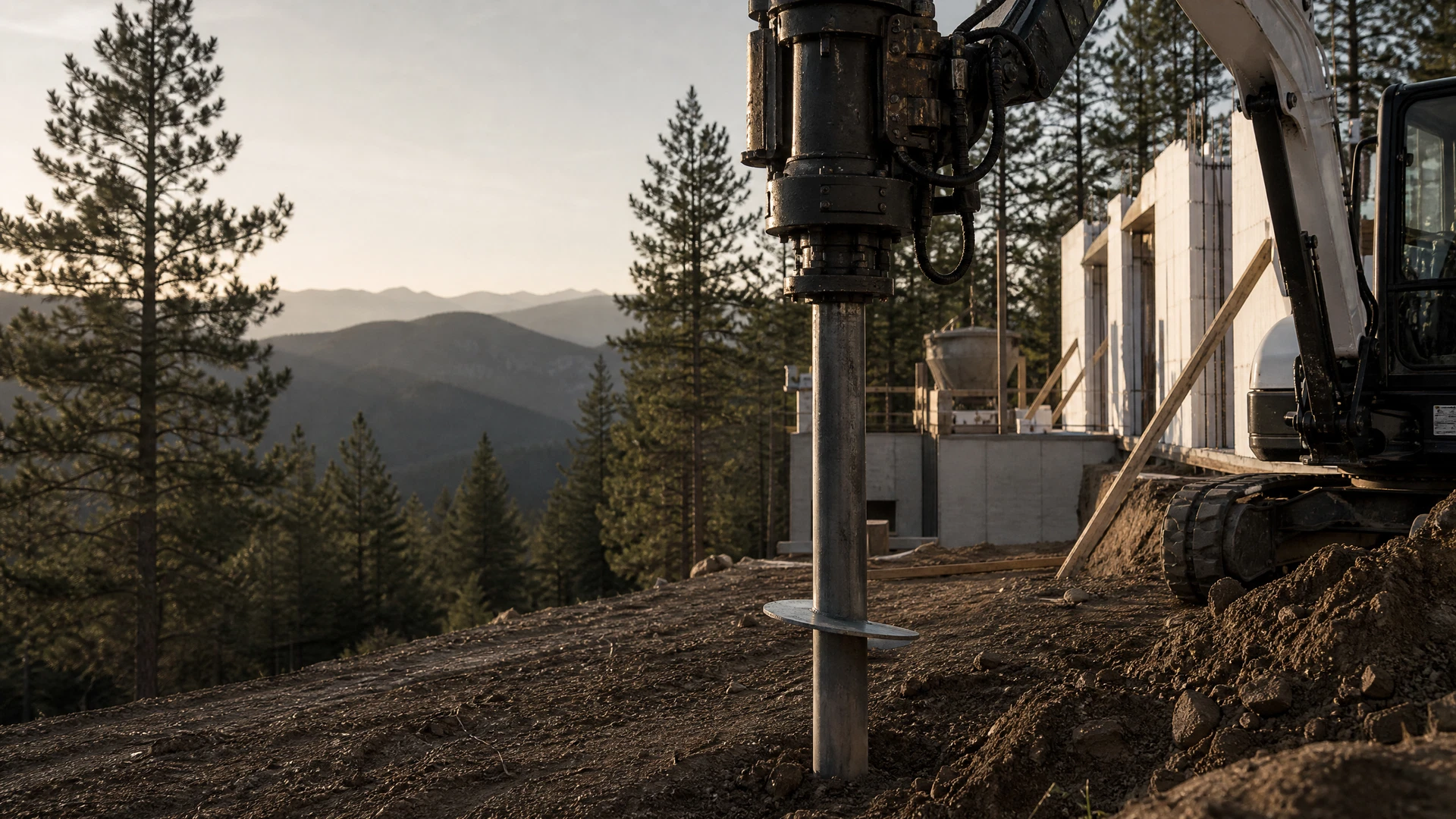 Hydraulic equipment installing a steel helical pile on a sloped Northwest Montana custom-home site