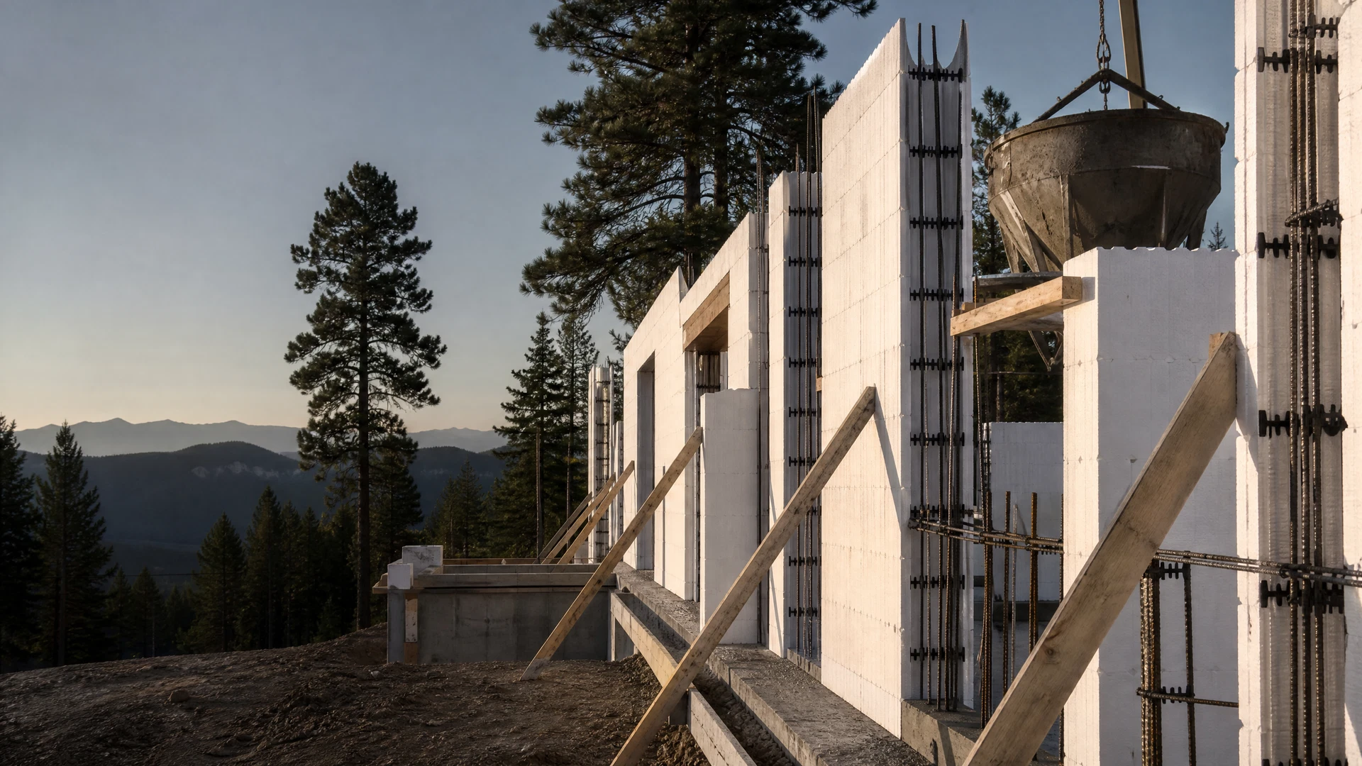 Insulated concrete form walls, reinforcing steel, and bracing on a Northwest Montana custom-home site